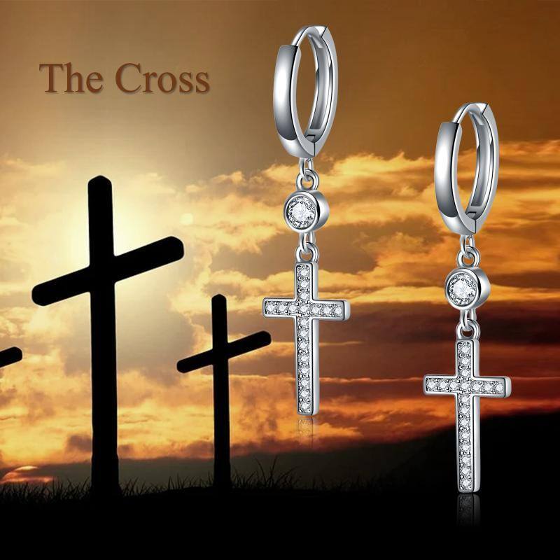 Sterling Silver Circular Shaped Cubic Zirconia Cross Drop Earrings-6