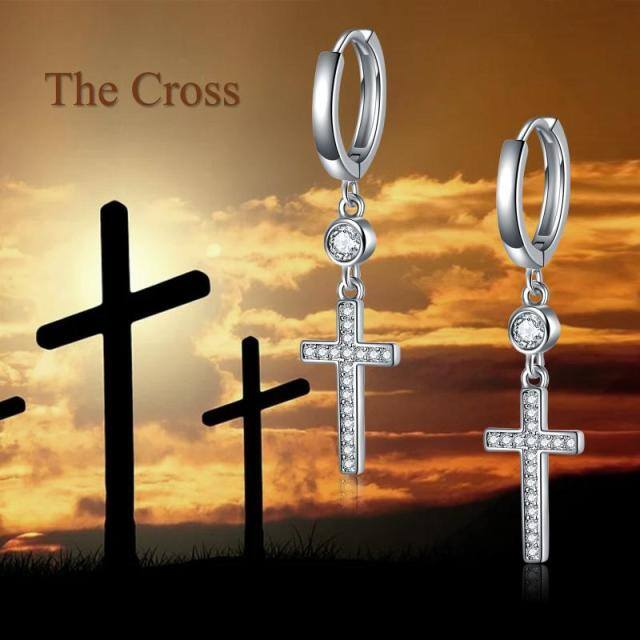 Sterling Silver Circular Shaped Cubic Zirconia Cross Drop Earrings-6