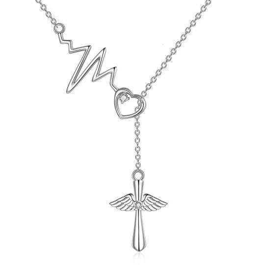 Collier en Y réglable en argent sterling avec croix d'électrocardiogramme et cœur en zircone cubique pour femme