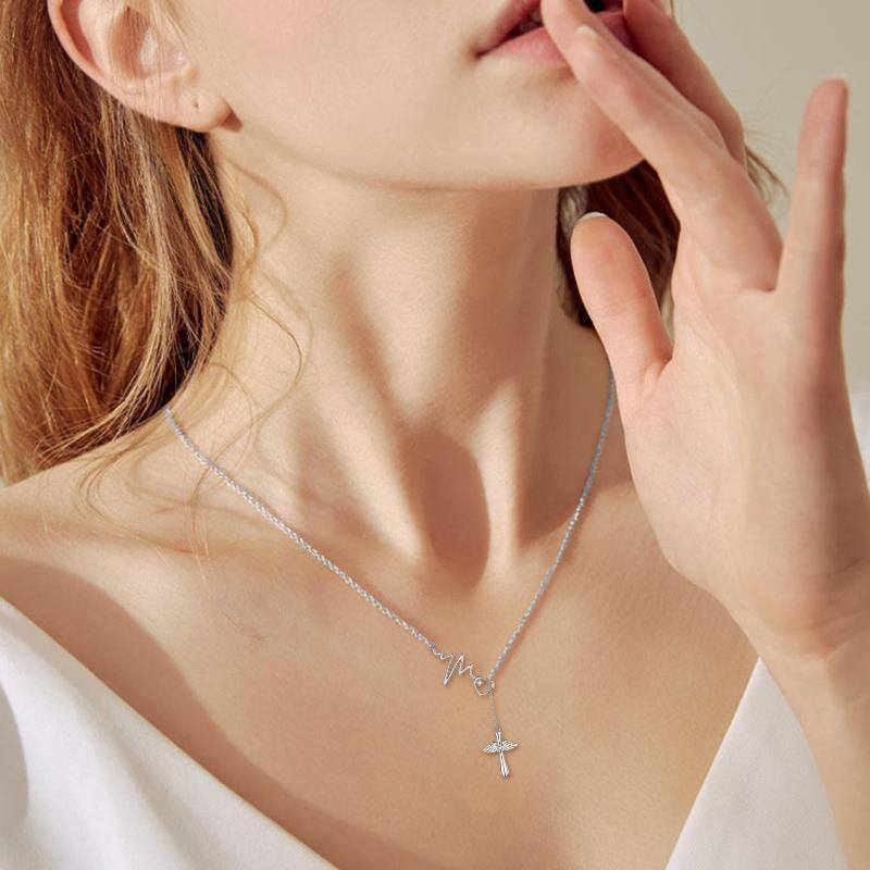 Sterling Silver Cubic Zirconia Cross Electrocardiogram And Heart Adjustable Y Necklace For Women-2