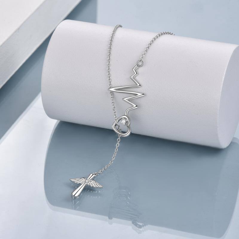Sterling Silver Cubic Zirconia Cross Electrocardiogram And Heart Adjustable Y Necklace For Women-3