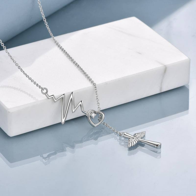 Sterling Silver Cubic Zirconia Cross Electrocardiogram And Heart Adjustable Y Necklace For Women-4