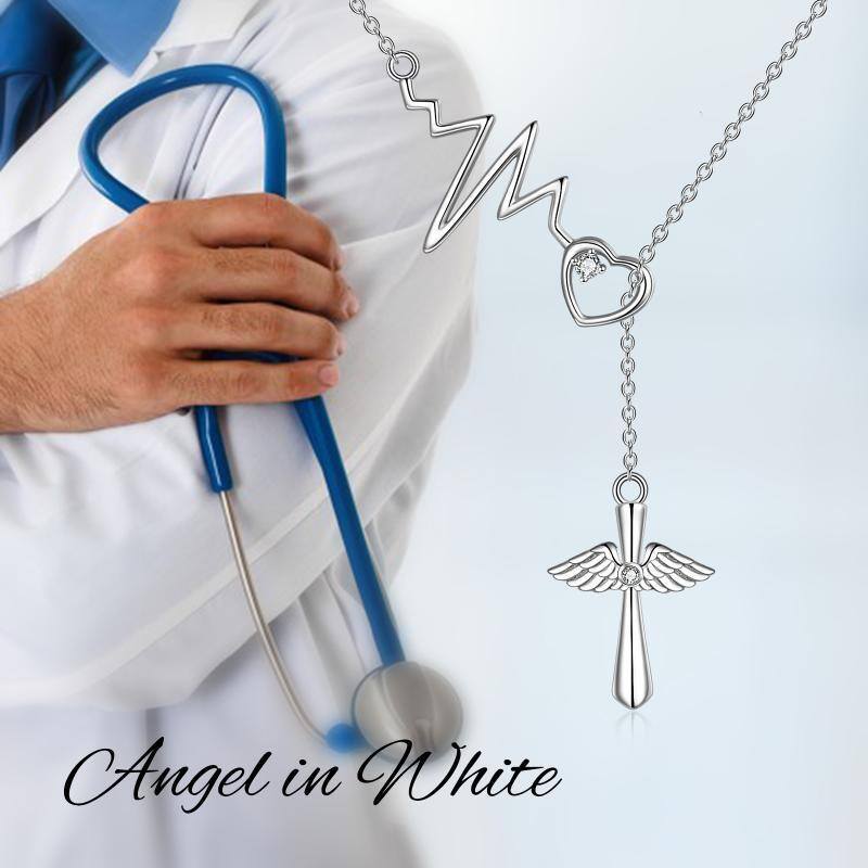 Sterling Silver Cubic Zirconia Cross Electrocardiogram And Heart Adjustable Y Necklace For Women-6