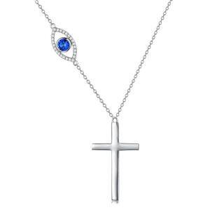 Sterling Silver Circular Shaped Cubic Zirconia Cross & Evil Eye Pendant Necklace-4