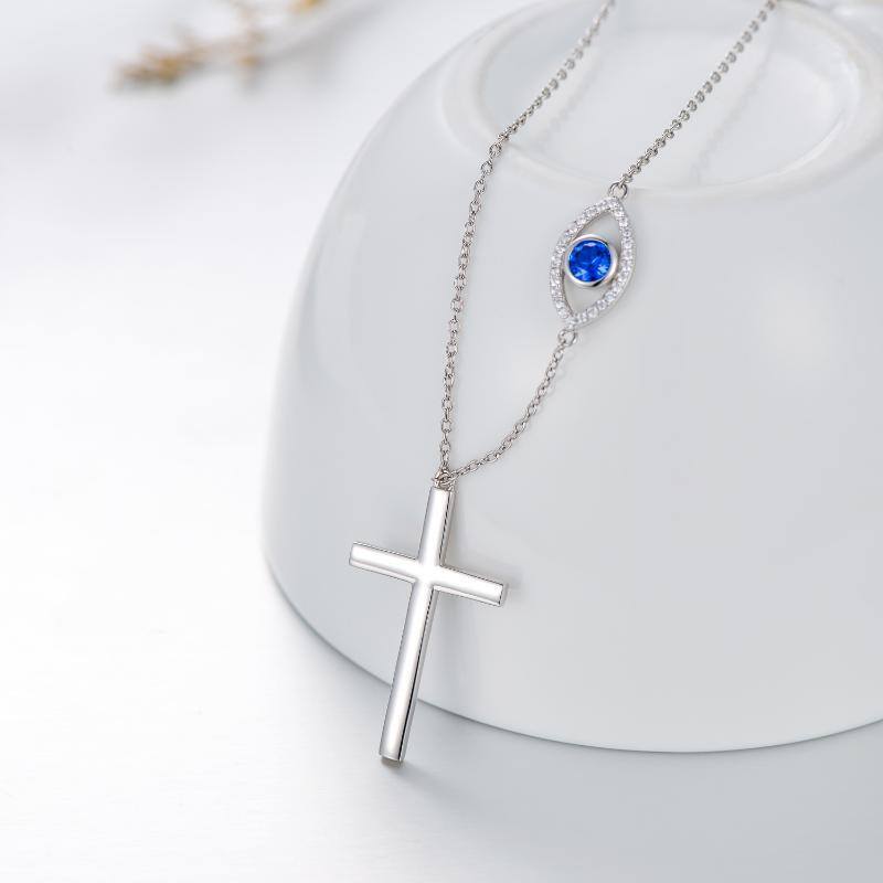 Sterling Silver Circular Shaped Cubic Zirconia Cross & Evil Eye Pendant Necklace-4