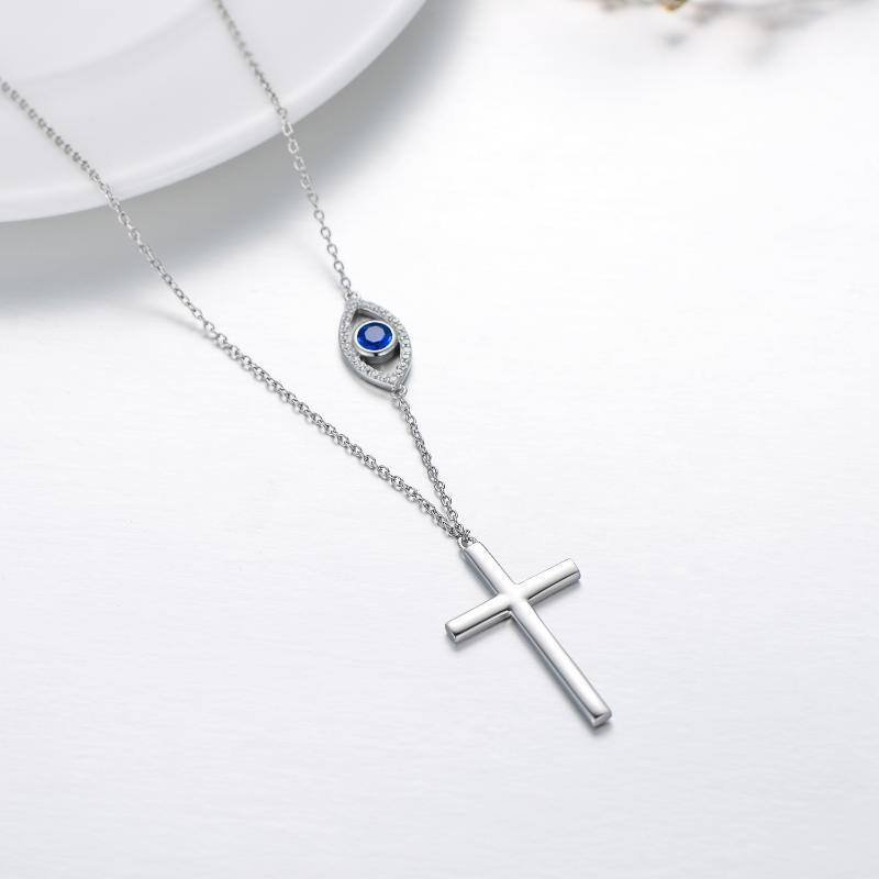 Sterling Silver Circular Shaped Cubic Zirconia Cross & Evil Eye Pendant Necklace-5