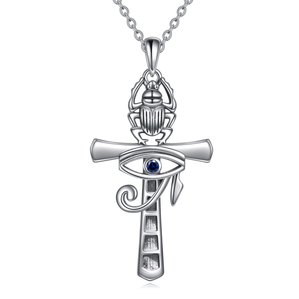 Sterling Silver Circular Shaped Cubic Zirconia Cross & Evil Eye Pendant Necklace-1