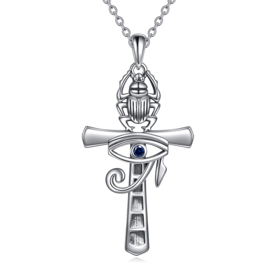 Sterling Silver Circular Shaped Cubic Zirconia Cross & Evil Eye Pendant Necklace