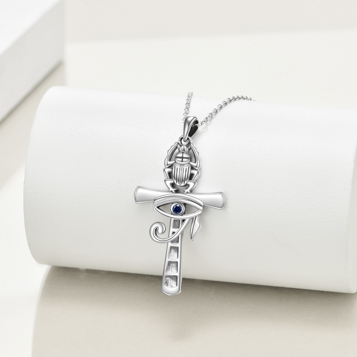 Sterling Silver Circular Shaped Cubic Zirconia Cross & Evil Eye Pendant Necklace-3