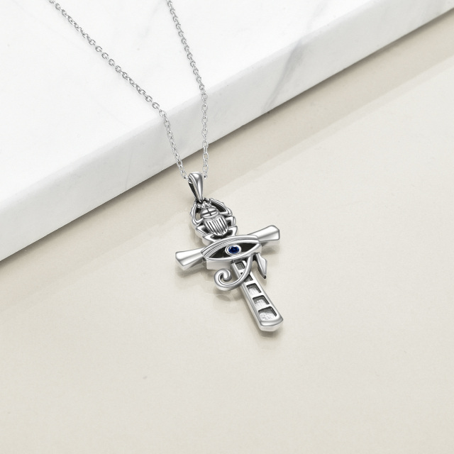 Sterling Silver Circular Shaped Cubic Zirconia Cross & Evil Eye Pendant Necklace-4