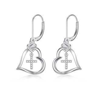 Sterling Silver Circular Shaped Cubic Zirconia Cross & Heart Lever-back Earrings-2