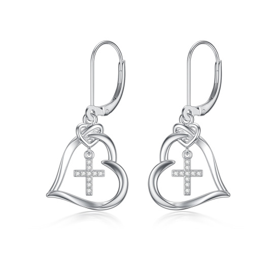 Sterling Silver Circular Shaped Cubic Zirconia Cross & Heart Lever-back Earrings