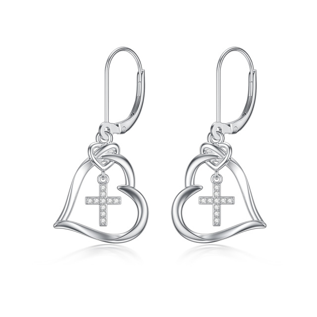 Sterling Silver Circular Shaped Cubic Zirconia Cross & Heart Lever-back Earrings-2