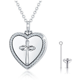 Sterling Silver Circular Shaped Cubic Zirconia Cross & Heart Urn Necklace for Ashes with Engraved Word-23