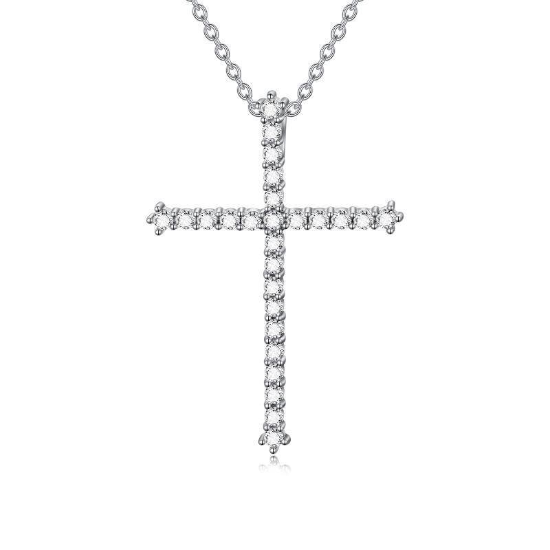 Sterling Silver Circular Shaped Cubic Zirconia Cross Pendant Necklace-1