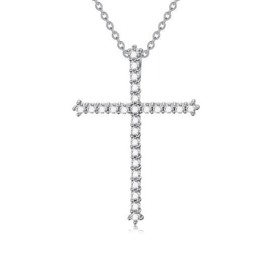 Sterling Silver Circular Shaped Cubic Zirconia Cross Pendant Necklace