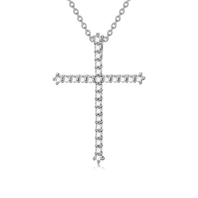 Sterling Silver Circular Shaped Cubic Zirconia Cross Pendant Necklace-1