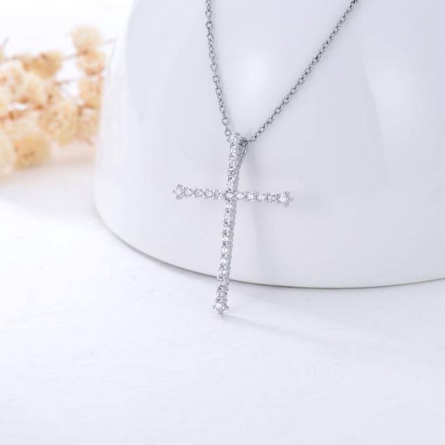 Sterling Silver Circular Shaped Cubic Zirconia Cross Pendant Necklace-3