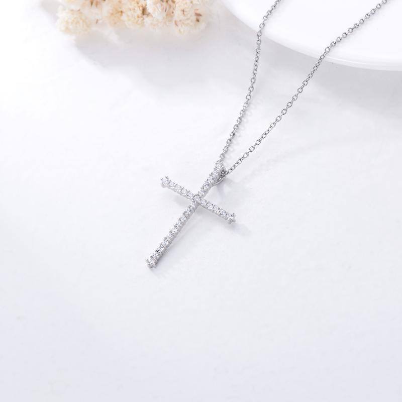 Sterling Silver Circular Shaped Cubic Zirconia Cross Pendant Necklace-4