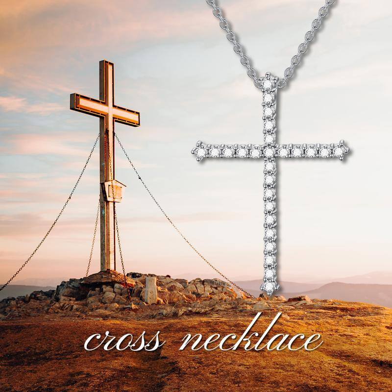 Sterling Silver Circular Shaped Cubic Zirconia Cross Pendant Necklace-6