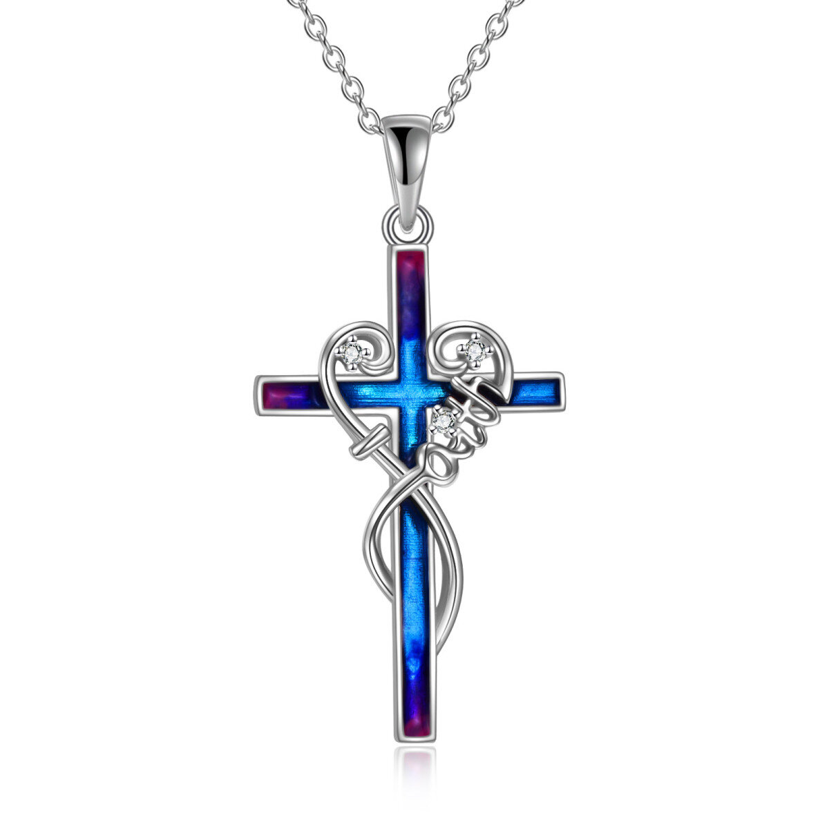 Sterling Silver Circular Shaped Cubic Zirconia Cross Pendant Necklace with Engraved Word-1