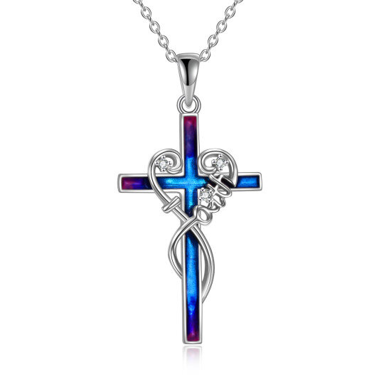 Sterling Silver Circular Shaped Cubic Zirconia Cross Pendant Necklace with Engraved Word