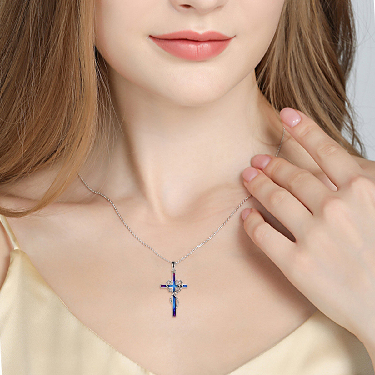 Sterling Silver Circular Shaped Cubic Zirconia Cross Pendant Necklace with Engraved Word-2