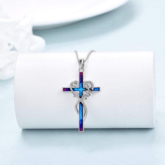 Sterling Silber kreisförmig Cubic Zirkonia Kreuz Anhänger Halskette mit eingraviertem Wort-3