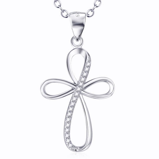 Sterling Silver Circular Shaped Cubic Zirconia Cross Pendant Necklace