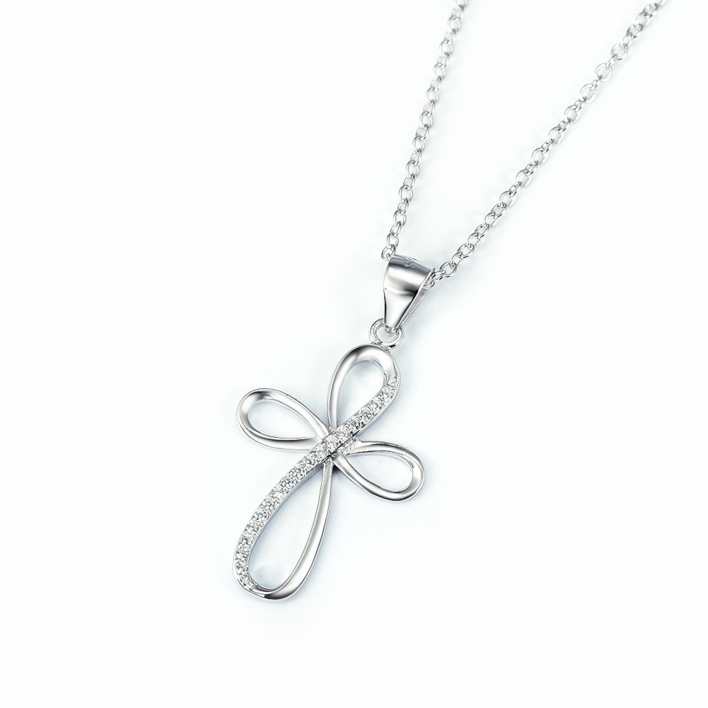 Sterling Silver Circular Shaped Cubic Zirconia Cross Pendant Necklace-3