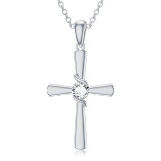 Sterling Silver Circular Shaped Cubic Zirconia Cross Pendant Necklace-1