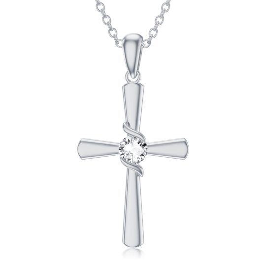 Sterling Silver Circular Shaped Cubic Zirconia Cross Pendant Necklace