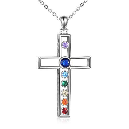 Sterling Silver Circular Shaped Cubic Zirconia Cross Pendant Necklace