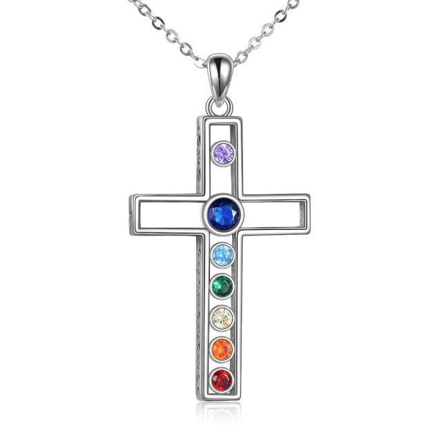 Sterling Silver Circular Shaped Cubic Zirconia Cross Pendant Necklace-1