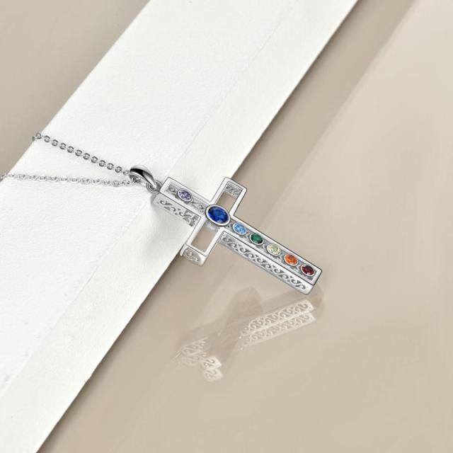 Sterling Silber kreisförmig Cubic Zirkonia Kreuz Anhänger Halskette-3