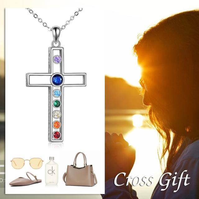 Sterling Silver Circular Shaped Cubic Zirconia Cross Pendant Necklace-5