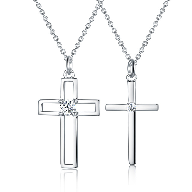 Sterling Silver Circular Shaped Cubic Zirconia Cross Pendant Necklace-1