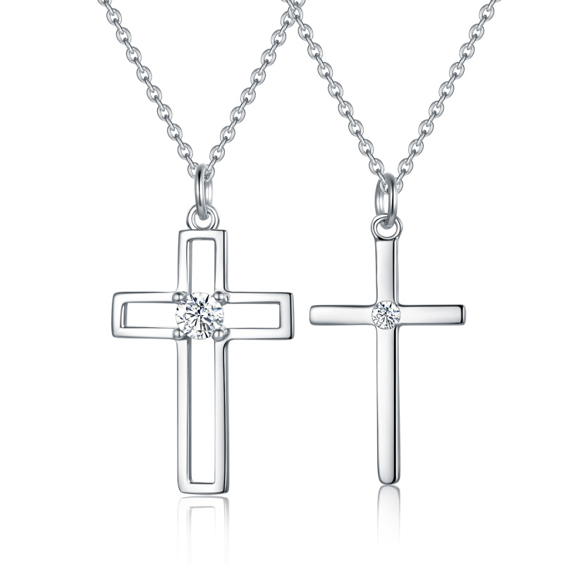 Sterling Silver Circular Shaped Cubic Zirconia Cross Pendant Necklace