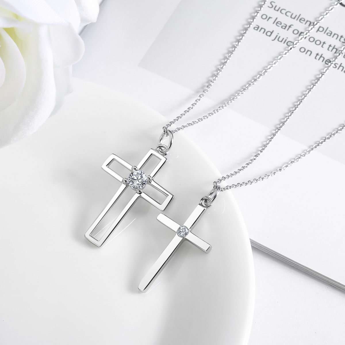 Sterling Silver Circular Shaped Cubic Zirconia Cross Pendant Necklace-4