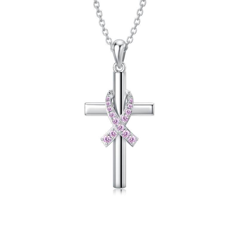 Sterling Silber kreisförmig Cubic Zirkonia Kreuz & Band-Anhänger Halskette-1