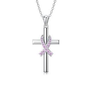 Sterling Silver Circular Shaped Cubic Zirconia Cross & Ribbon Pendant Necklace-5