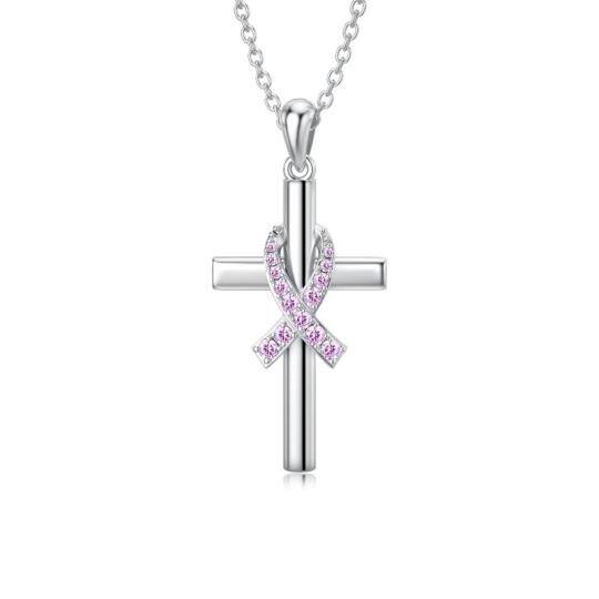 Sterling Silver Circular Shaped Cubic Zirconia Cross & Ribbon Pendant Necklace