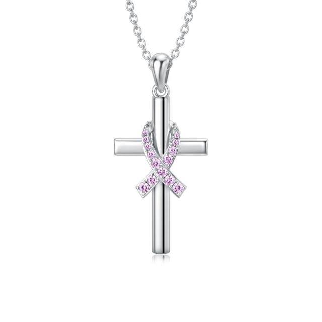 Sterling Silver Circular Shaped Cubic Zirconia Cross & Ribbon Pendant Necklace-4