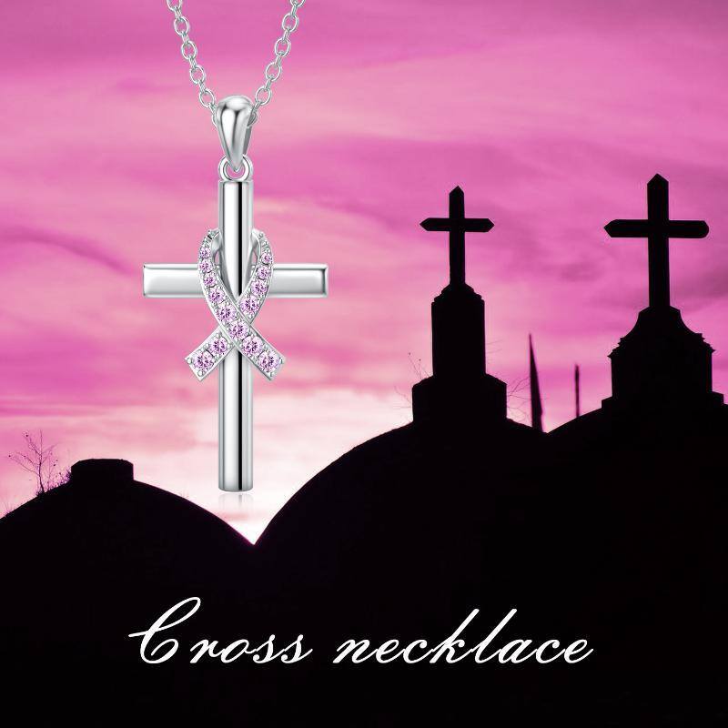 Sterling Silver Circular Shaped Cubic Zirconia Cross & Ribbon Pendant Necklace-3