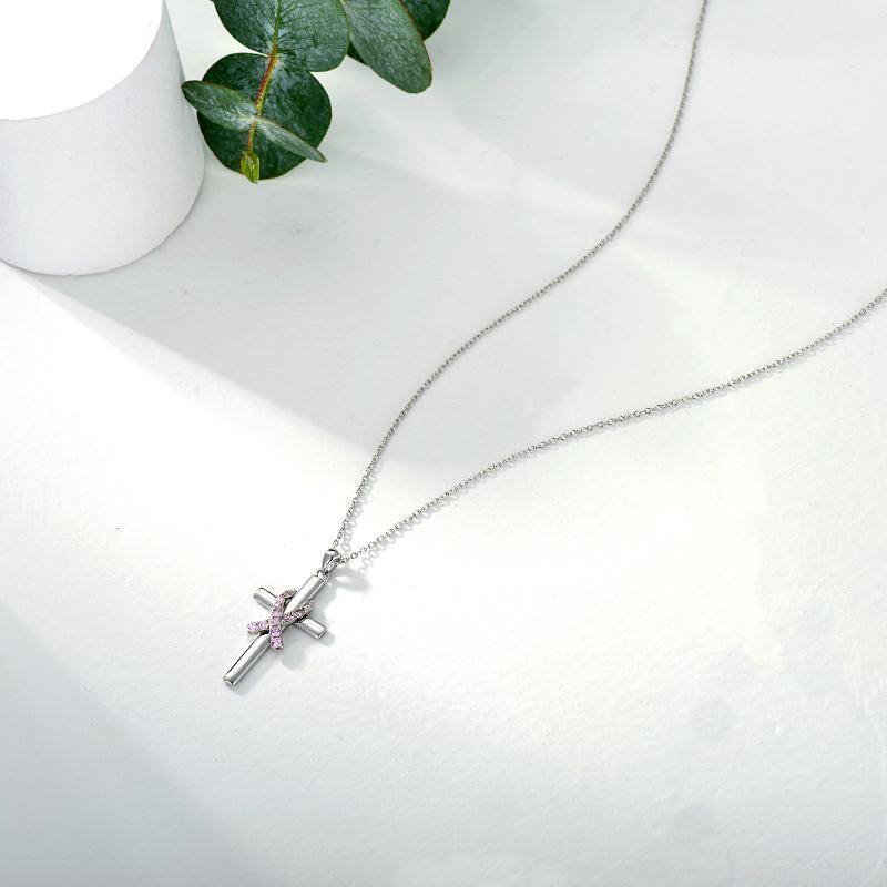 Sterling Silver Circular Shaped Cubic Zirconia Cross & Ribbon Pendant Necklace-5