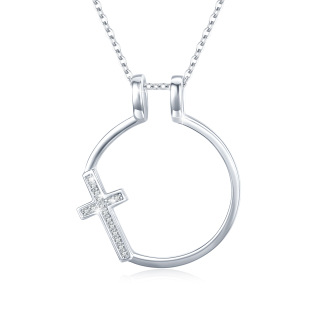 Sterling Silver Circular Shaped Cubic Zirconia Cross & Ring Holder Pendant Necklace-7