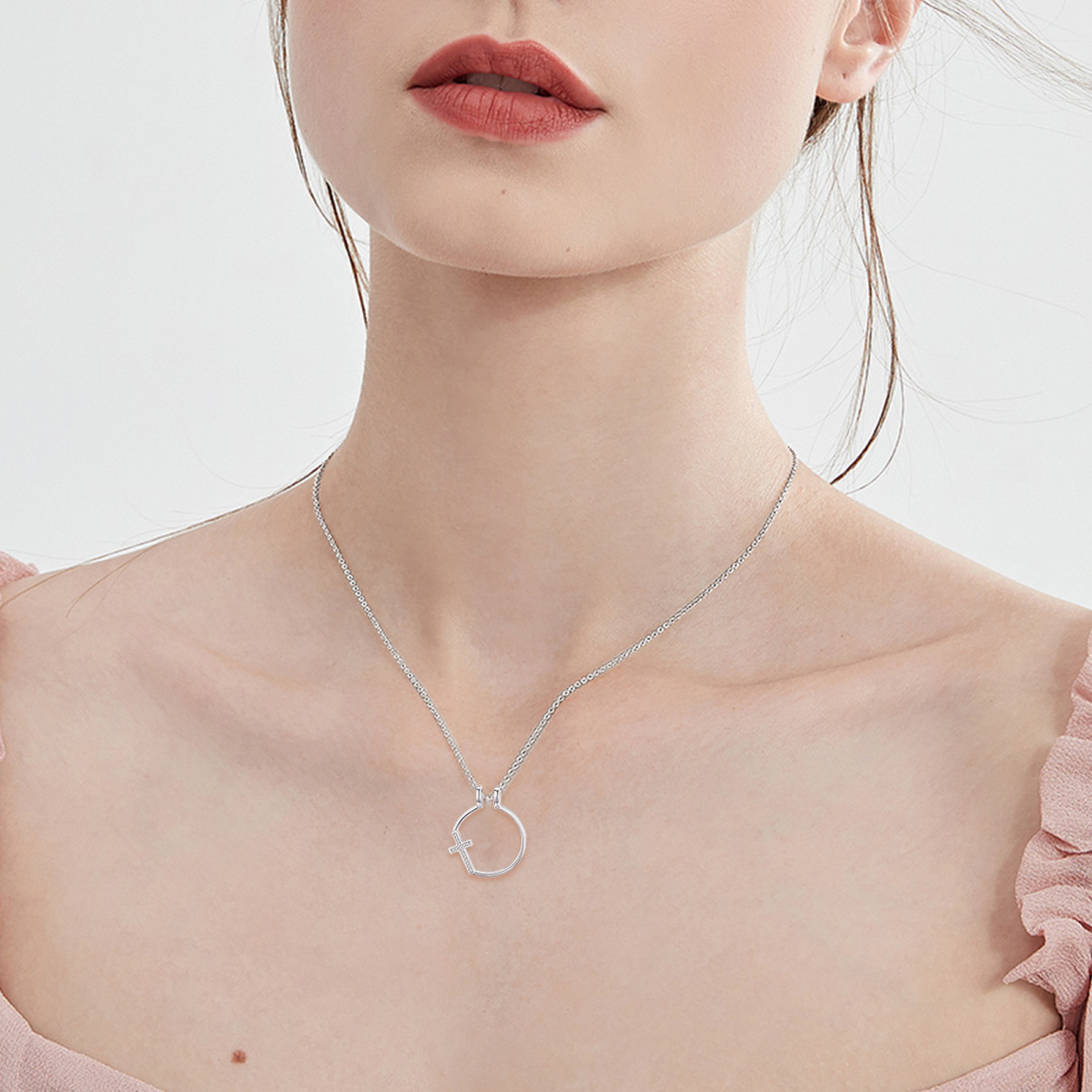 Collana in argento sterling con croce circolare e porta-anelli a forma di cubo di zircone-2