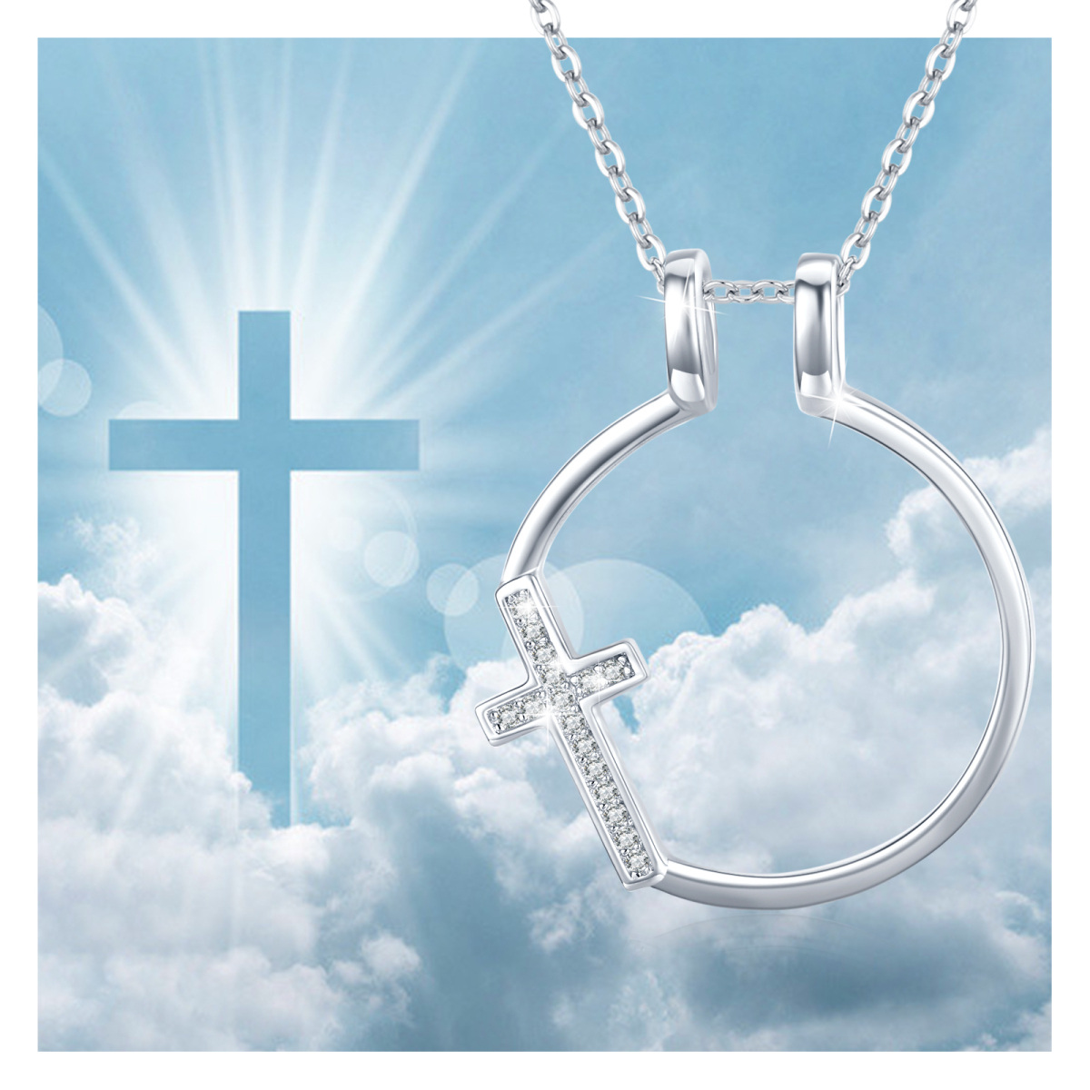 Sterling Silver Circular Shaped Cubic Zirconia Cross & Ring Holder Pendant Necklace-4