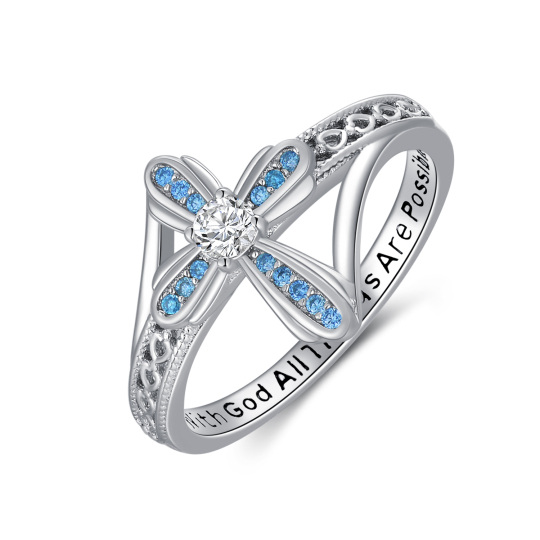 Sterling Silver Circular Shaped Cubic Zirconia Cross Ring with Engraved Word