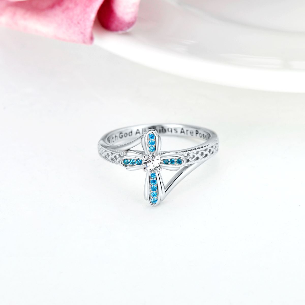 Sterling Silver Circular Shaped Cubic Zirconia Cross Ring with Engraved Word-3